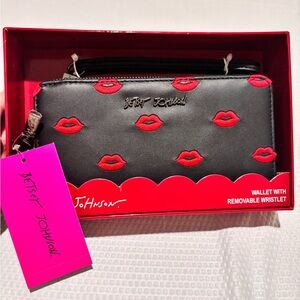Betsey Johnson Wallet with Red Lip Embroidered Design and removible Wristlet